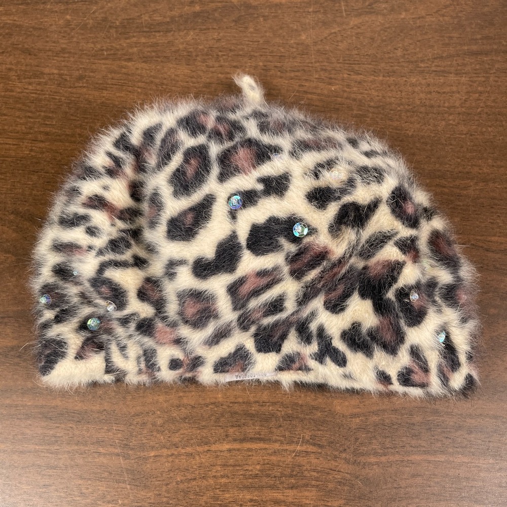Vintage Cheveux Beret Womens OS Leopard Print Angora Sequin Glam Animal Y2K 90s